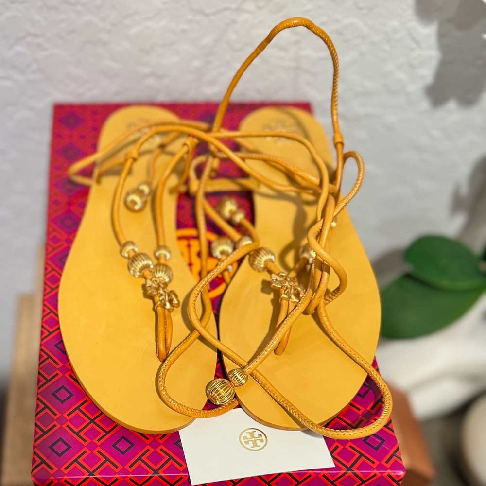 Tory Burch Capri Lace up Yellow and gold Sandals Worn Once !!! - Picture 2 of 10